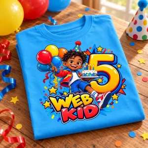 Folded Sky blue Web Kid Birthday Hero tee on a wooden table with balloons, party decorations and colorful number 5 print visible