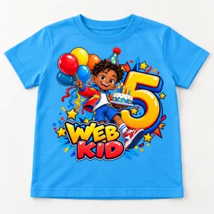 Front flat lay of Sky blue Web Kid Birthday Hero kids tee with colorful WEB KID character, balloons, cake and large number 5
