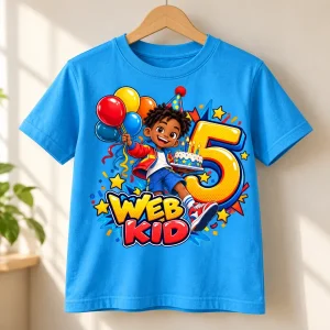 Sky blue Web Kid Birthday Hero kids birthday tee displayed on a wooden hanger with the full front artwork visible