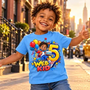 Happy child wearing Sky blue Web Kid Birthday Hero tee outdoors with the colorful birthday artwork clearly visible