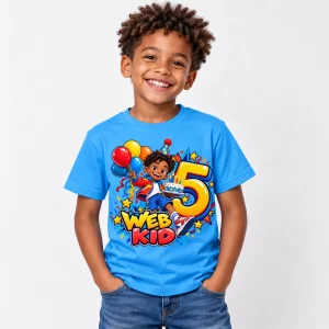 Child model wearing Sky blue Web Kid Birthday Hero web kid birthday shirt with colorful front graphic and giant number 5