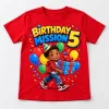 Front flat lay of red Web Kid Party Mission web kid 5th birthday shirt with BIRTHDAY MISSION 5 artwork