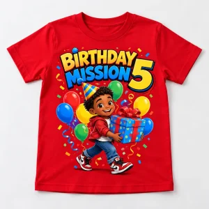Front flat lay of red Web Kid Party Mission web kid 5th birthday shirt with BIRTHDAY MISSION 5 artwork