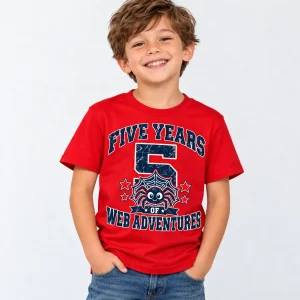 Boy wearing red Web Kid Party Mission 5th birthday shirt with colorful original birthday artwork