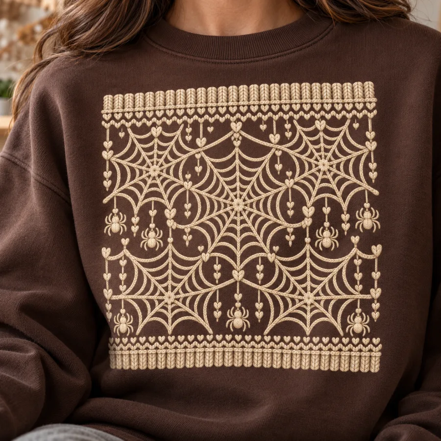 Close-up of cream faux-knit spider webs and tiny spider details printed on chocolate brown sweatshirt fabric
