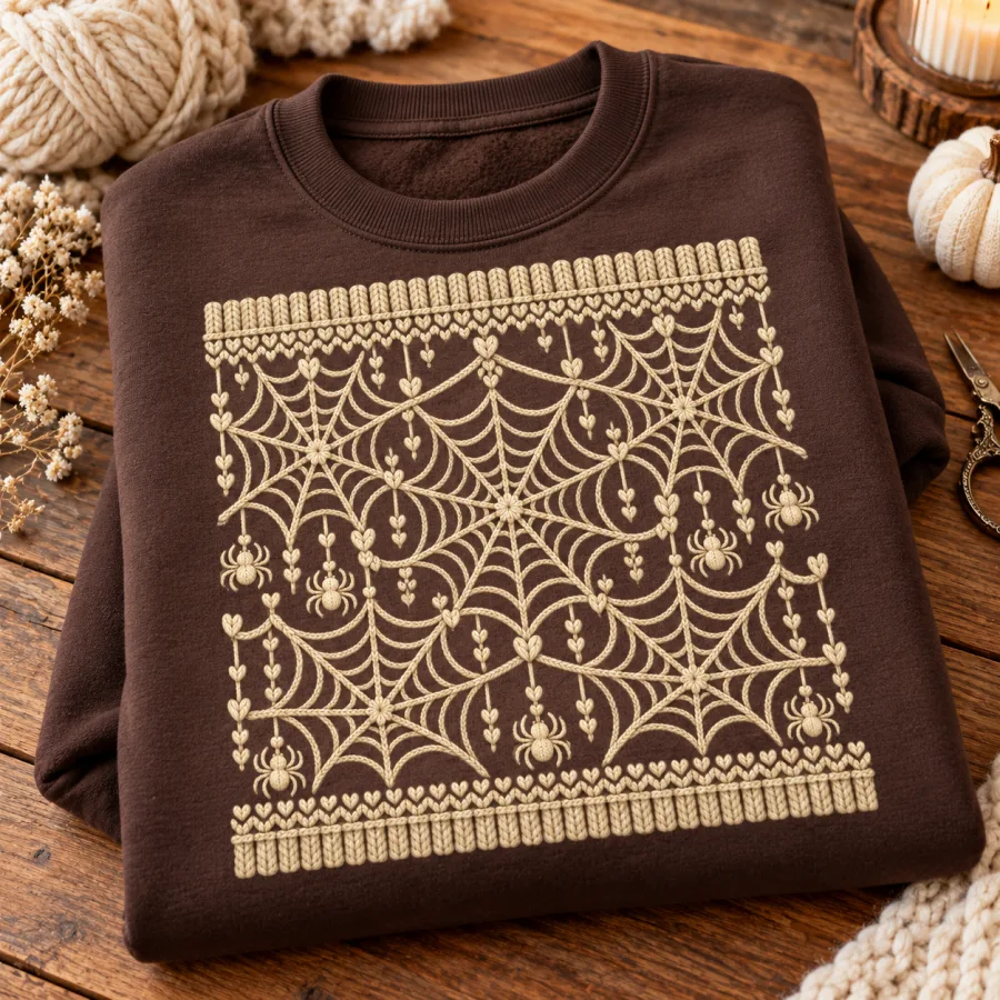 Folded chocolate brown Web Knit Illusion spider web sweater showing cream knitted-look web artwork