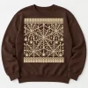 Front flat lay of chocolate brown women's Web Knit Illusion spider web sweater with cream faux-knit web print