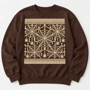Front flat lay of chocolate brown women's Web Knit Illusion spider web sweater with cream faux-knit web print