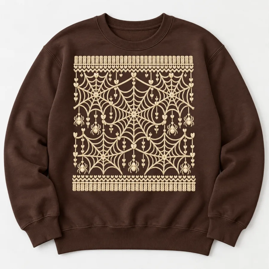Front flat lay of chocolate brown women's Web Knit Illusion spider web sweater with cream faux-knit web print