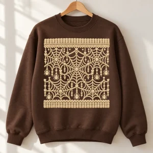 Chocolate brown women's Web Knit Illusion spider web sweater hanging on a natural wooden hanger