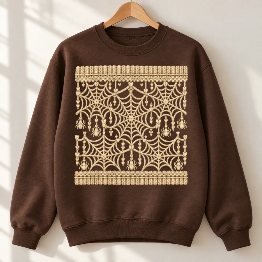 Chocolate brown women's Web Knit Illusion spider web sweater hanging on a natural wooden hanger