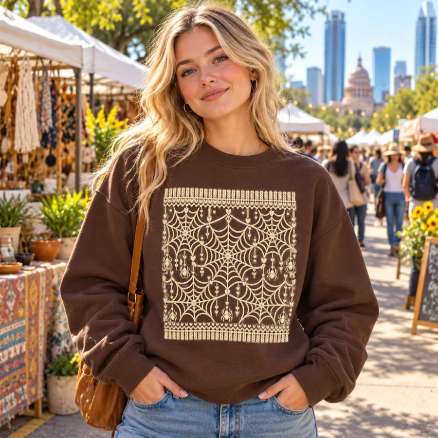 Blonde woman wearing the chocolate brown Web Knit Illusion spider web sweater at a lively Austin street market
