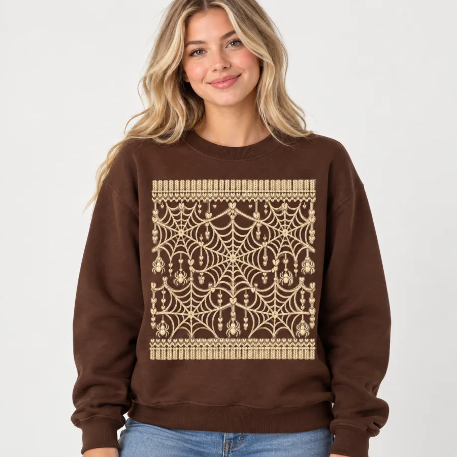 Blonde woman wearing chocolate brown Web Knit Illusion spider web sweater with large cream front graphic