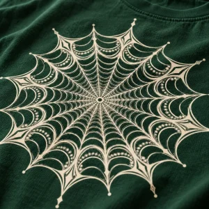Close-up of symmetrical web rings and ornamental details in cream ink
