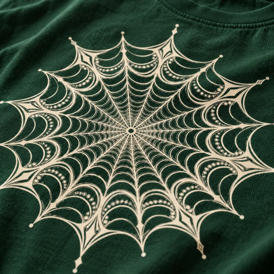 Close-up of symmetrical web rings and ornamental details in cream ink