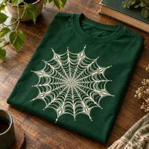 Folded forest green Web Mandala shirt showing the cream mandala