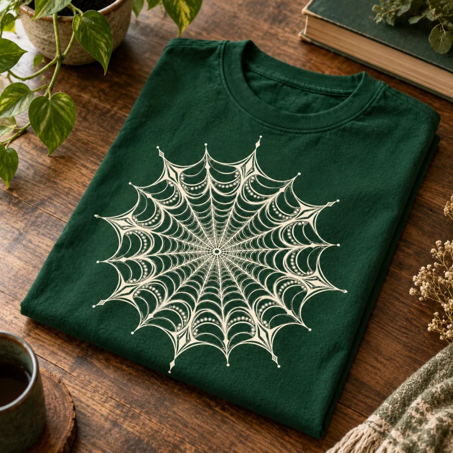 Folded forest green Web Mandala shirt showing the cream mandala