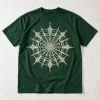 Front flat lay of forest green Web Mandala spider web mandala shirt