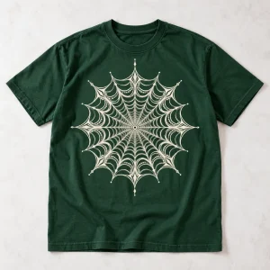 Front flat lay of forest green Web Mandala spider web mandala shirt