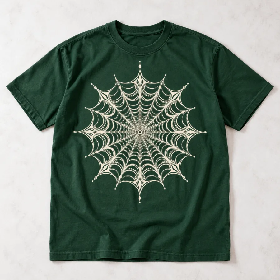 Front flat lay of forest green Web Mandala spider web mandala shirt