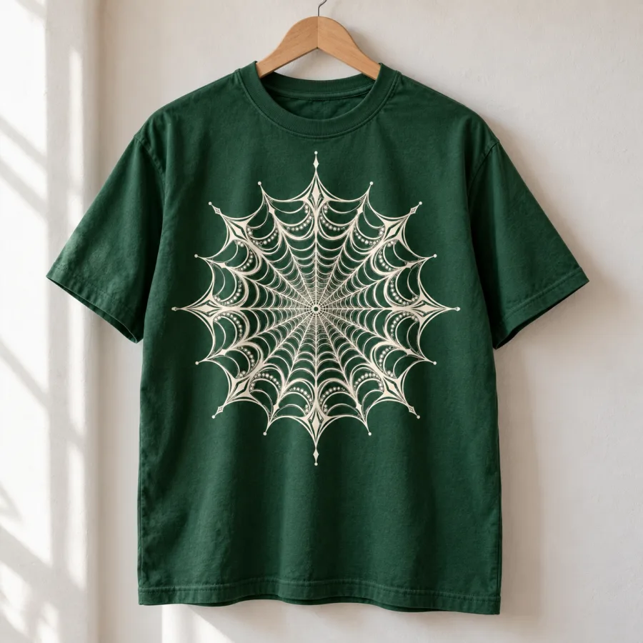 Forest green Web Mandala unisex tee on a wooden hanger