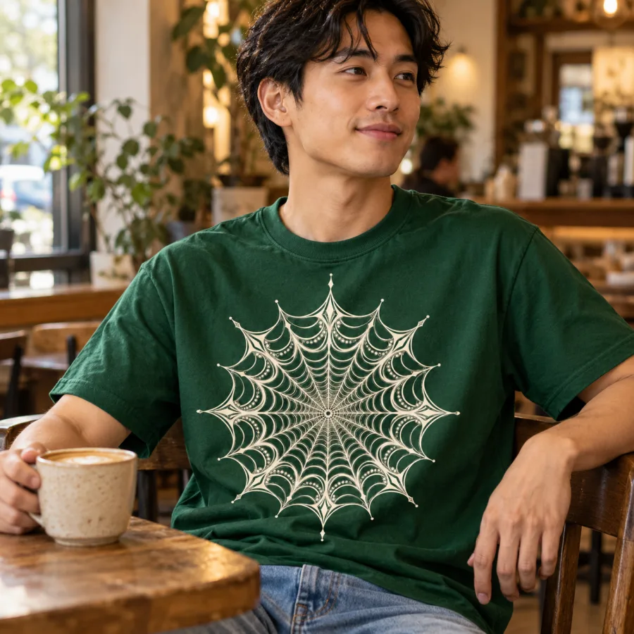 Man in Web Mandala spider shirt sitting on a yoga mat in a forest clearing