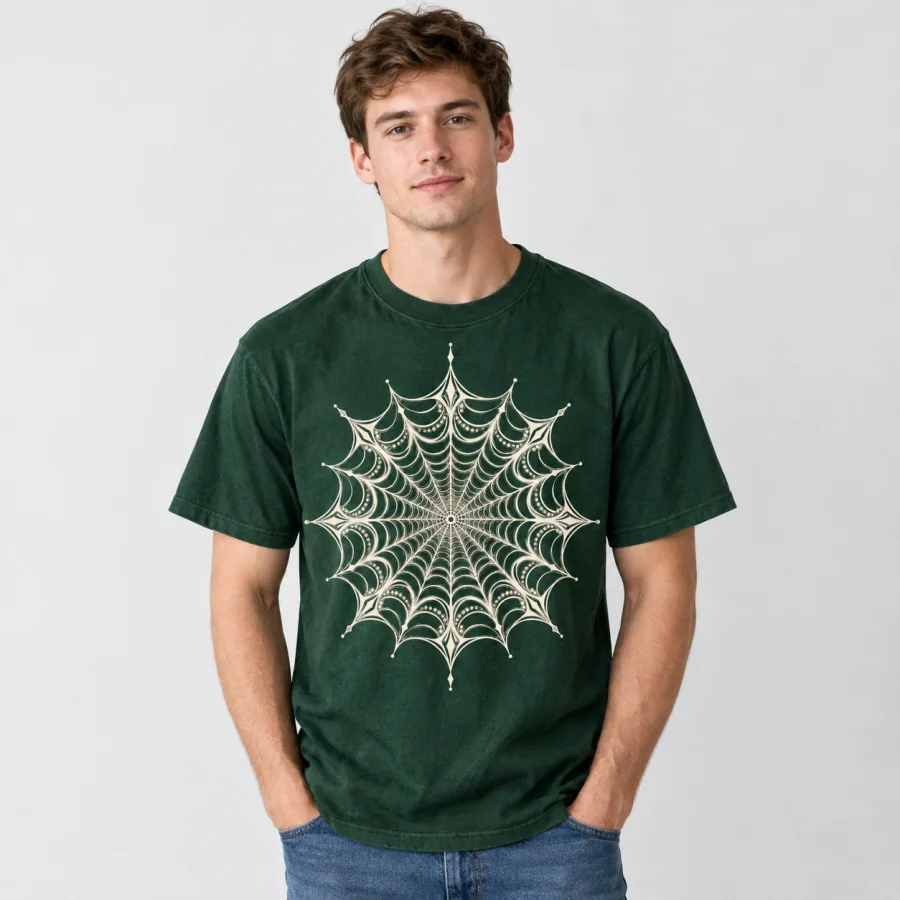 Woman wearing forest green Web Mandala tee with linen pants