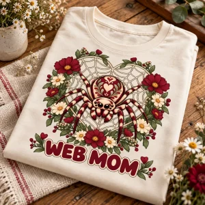 Folded Natural Web Mom Garden spider mom shirt showing the spider and wildflower front print