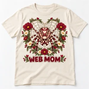 Front flat lay of Natural Web Mom Garden spider mom shirt with floral heart-shaped web artwork
