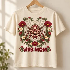 Natural Web Mom Garden spider mom shirt displayed on a wooden hanger