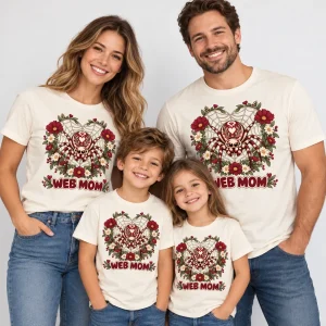 Model wearing Natural Web Mom Garden spider mom shirt with burgundy sage and cream print