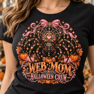 Close-up of Web Mom Halloween print showing spider, tiny pumpkins, stars, web bow and detailed orange and dusty pink artwork