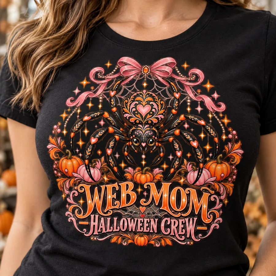 Close-up of Web Mom Halloween print showing spider, tiny pumpkins, stars, web bow and detailed orange and dusty pink artwork