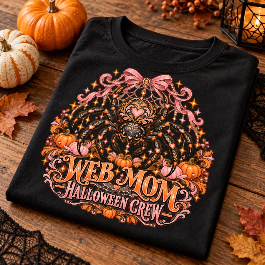 Folded black Web Mom Halloween women's tee on a wooden table showing the orange and dusty pink spider design