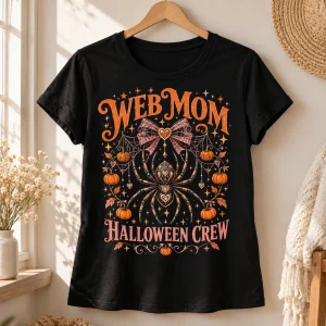Black women's Web Mom Halloween tee hanging on a wooden hanger with spider, pumpkin, star and web bow graphic visible