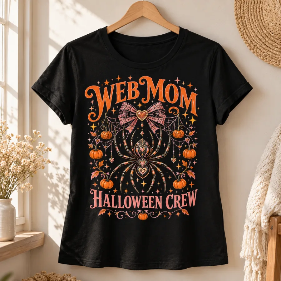 Black women's Web Mom Halloween tee hanging on a wooden hanger with spider, pumpkin, star and web bow graphic visible