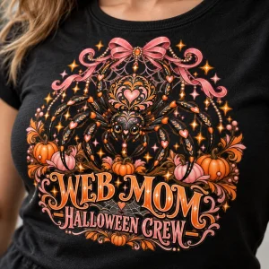 Lifestyle view of woman wearing black Web Mom Halloween spider mom shirt outdoors with the front graphic clearly visible