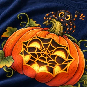 Close-up of Web-O-Lantern pumpkin and waving spider print on Navy kids tee showing fabric and graphic detail