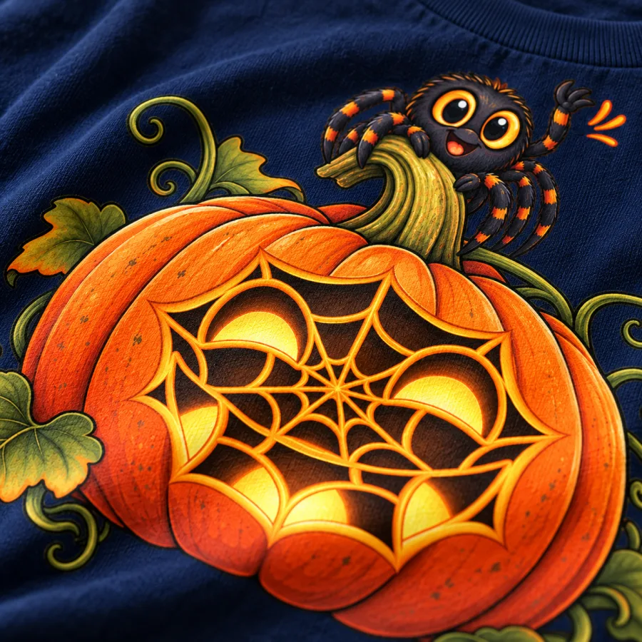 Close-up of Web-O-Lantern pumpkin and waving spider print on Navy kids tee showing fabric and graphic detail