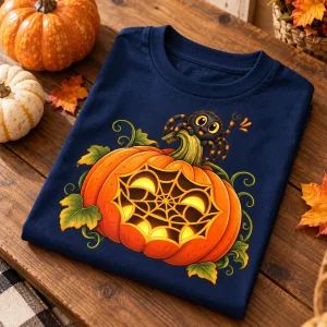 Folded Navy kids spider Halloween shirt on wooden table with Web-O-Lantern print visible