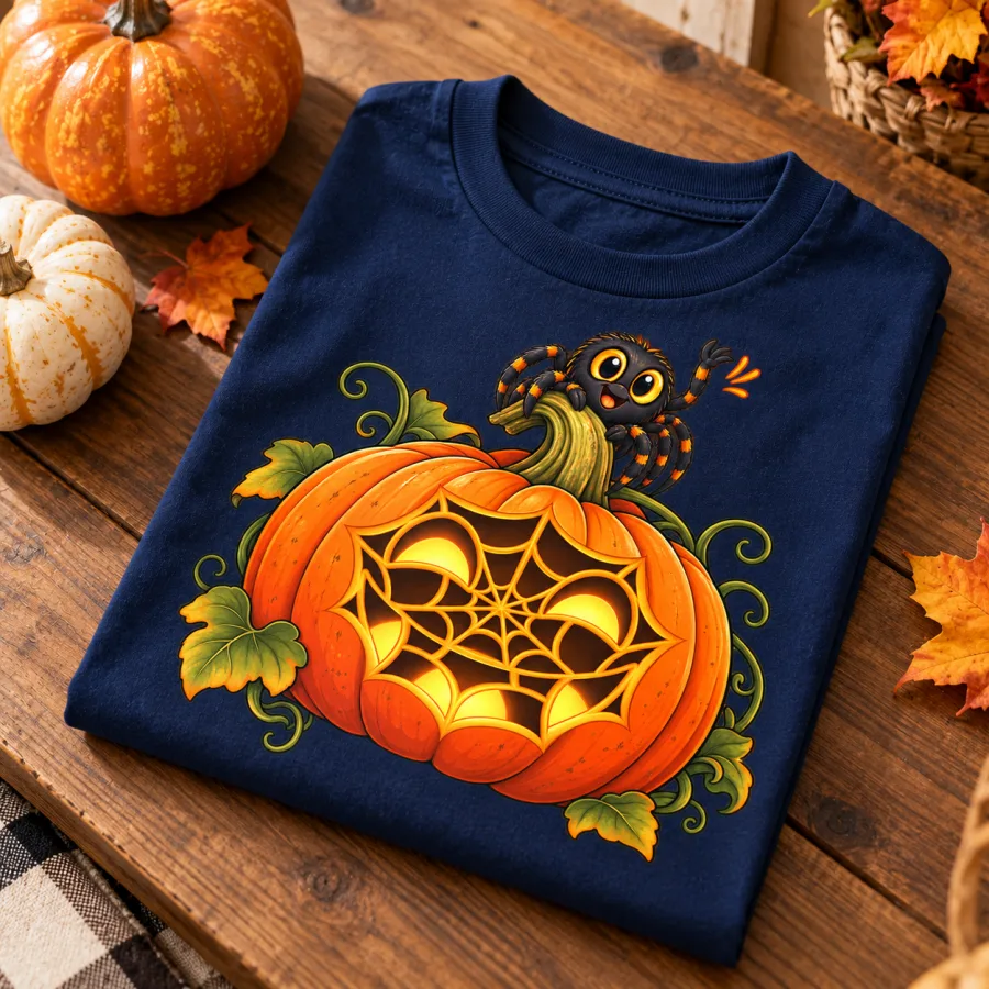 Folded Navy kids spider Halloween shirt on wooden table with Web-O-Lantern print visible