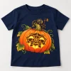 Front flat lay of Navy kids spider Halloween shirt with orange Web-O-Lantern pumpkin and waving spider graphic