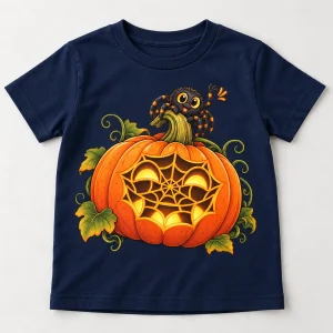 Front flat lay of Navy kids spider Halloween shirt with orange Web-O-Lantern pumpkin and waving spider graphic