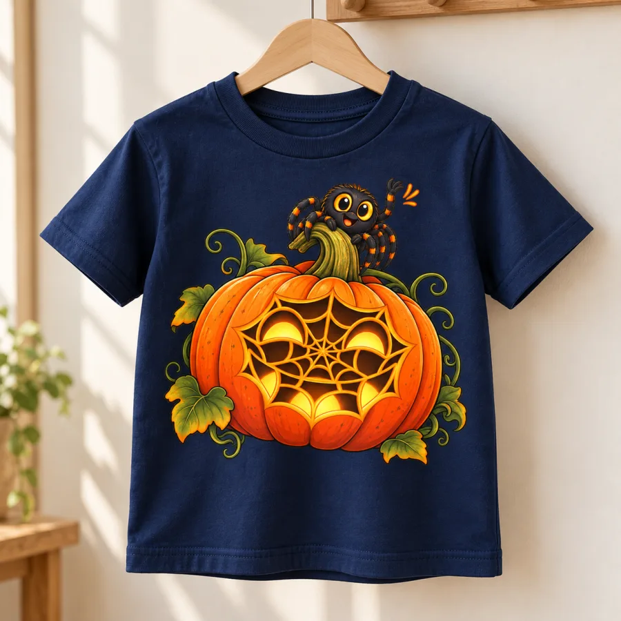 Navy kids spider Halloween shirt on wooden hanger showing Web-O-Lantern pumpkin graphic