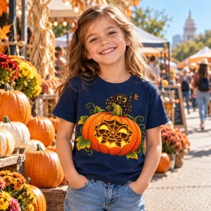 Girl wearing Navy Web-O-Lantern kids spider Halloween shirt at a lively autumn street market