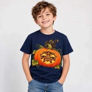 Child model wearing Navy Web-O-Lantern kids spider Halloween shirt with colorful pumpkin and spider print