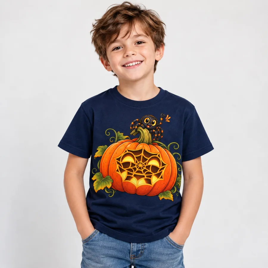 Child model wearing Navy Web-O-Lantern kids spider Halloween shirt with colorful pumpkin and spider print