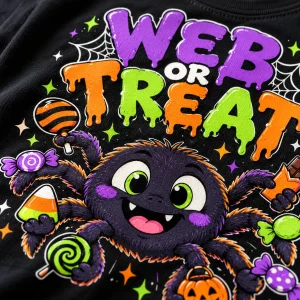 Close-up of Web Or Treat print showing cotton texture, colorful lettering and candy-holding cartoon spider