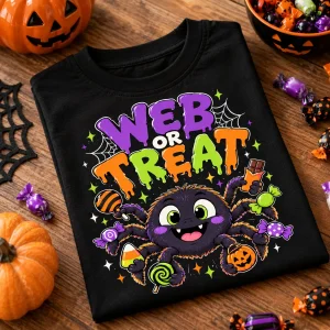 Folded Black Kids Web Or Treat tee showing colorful spider, candy and WEB OR TREAT front graphic