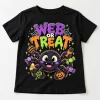 Front flat lay of Black Kids Web Or Treat tee with colorful cartoon spider holding eight pieces of candy